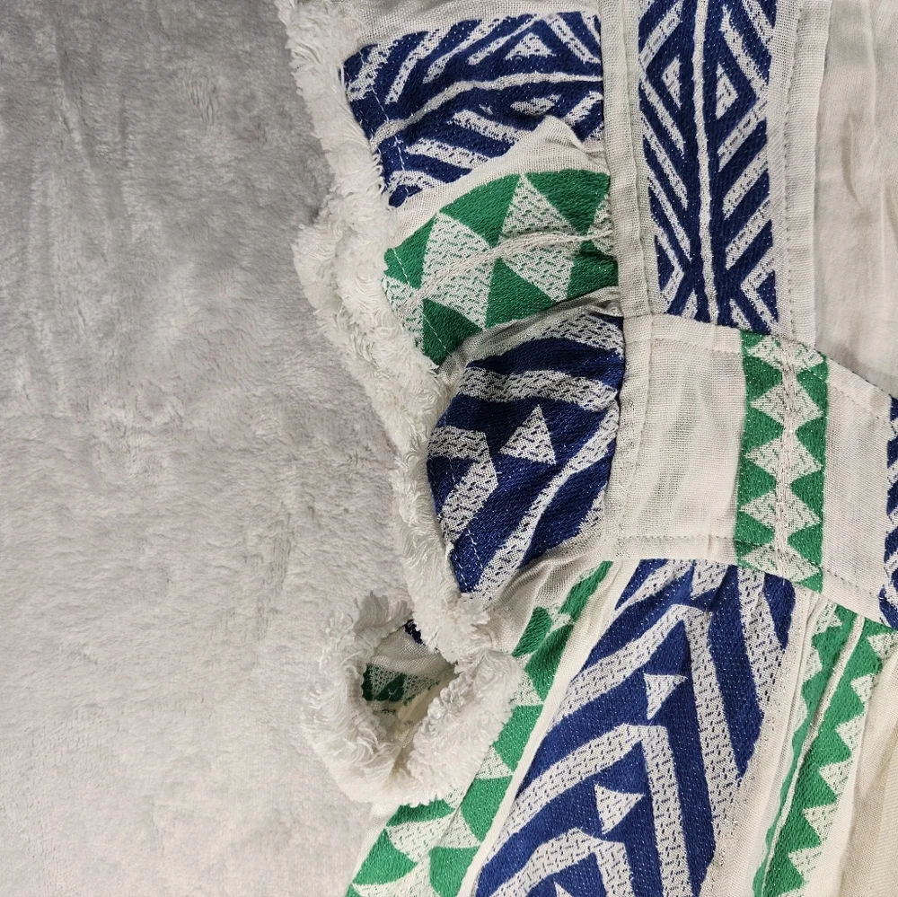 THML Flutter Fringe Sleeve Square Neck Chevron Print Blue Green Dress Size M - Picture 4 of 14